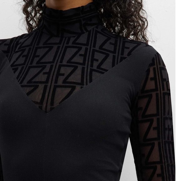 NwT size L 10-12 FUZZI Mock Neck Black Semi Sheer Bodysuit ULTRA SEXY - Picture 5 of 7